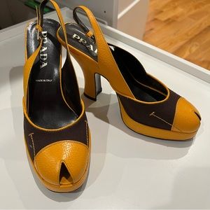✨Prada Yellow/Brown Peep Toe Slingback Heels ✨
